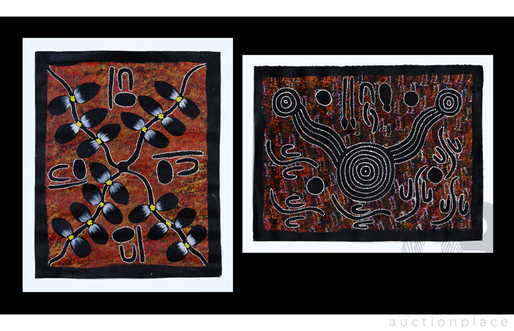 Edna Nagamara, (20th Century, Indigenous-Australian), Rock Wallaby Dreaming - West of Yuendumu and Women Dreaming Hunting Bush Plums, Pair of Acrylic on Canvases, 48.5 X 39.5 Cm and 37 X 49 Cm