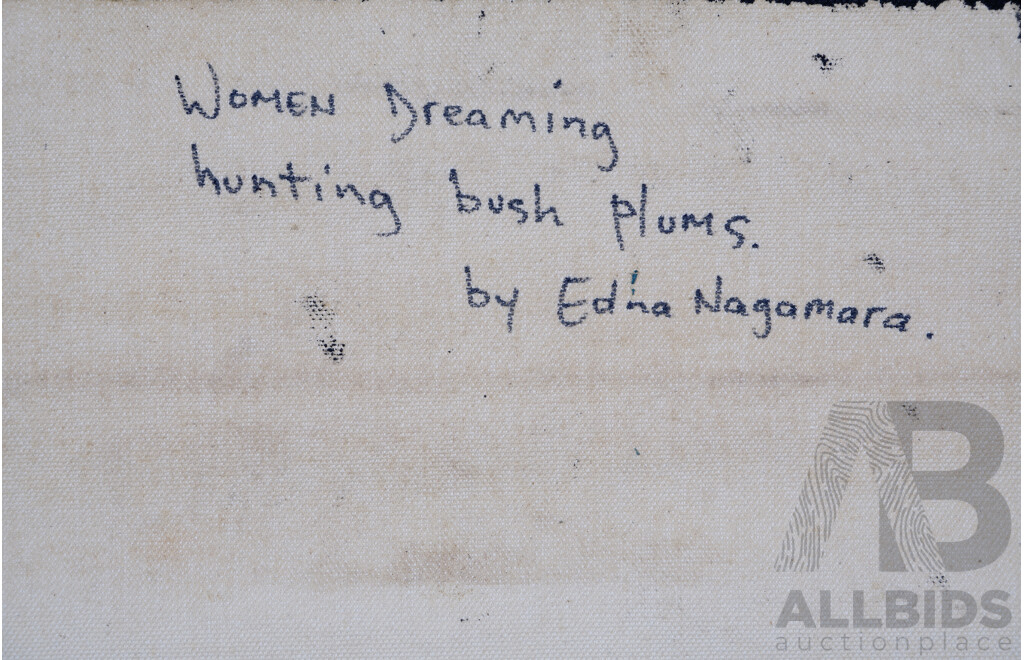 Edna Nagamara, (20th Century, Indigenous-Australian), Rock Wallaby Dreaming - West of Yuendumu and Women Dreaming Hunting Bush Plums, Pair of Acrylic on Canvases, 48.5 X 39.5 Cm and 37 X 49 Cm