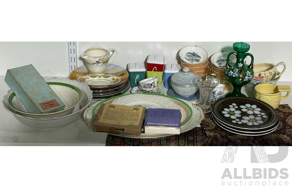 Assortment of Plates, Platters, Cups, Vase, Wedgewood and King George Trivet