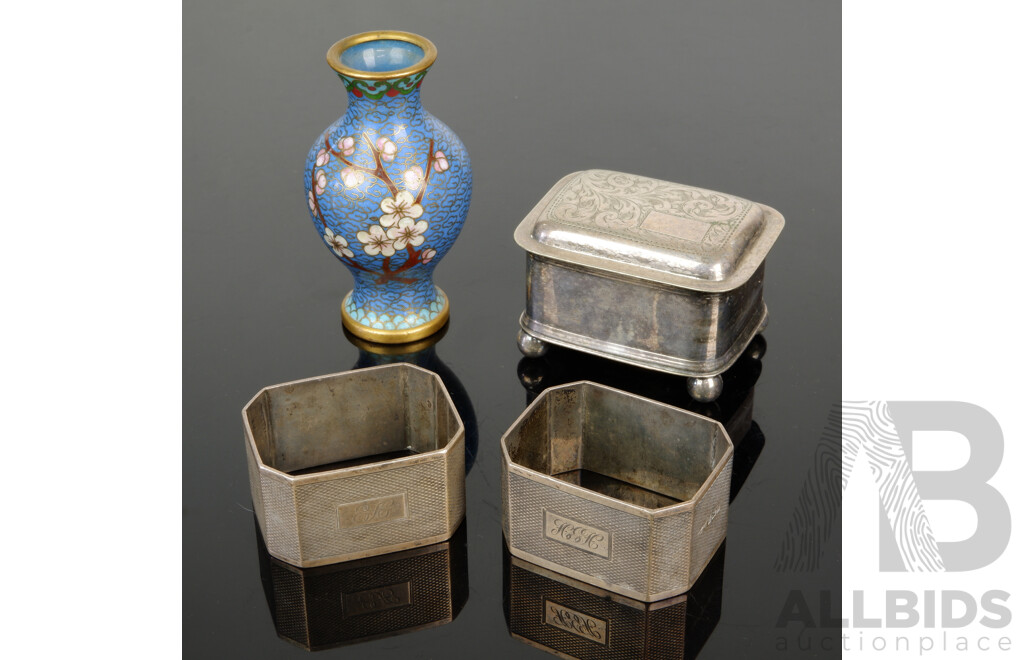 Collection Items Comprising Pair Sterling Silver Napkin Rings, Birmingham 1929, Silver Plate Box with Engraved Detail, Chinese Cloisonne Vase