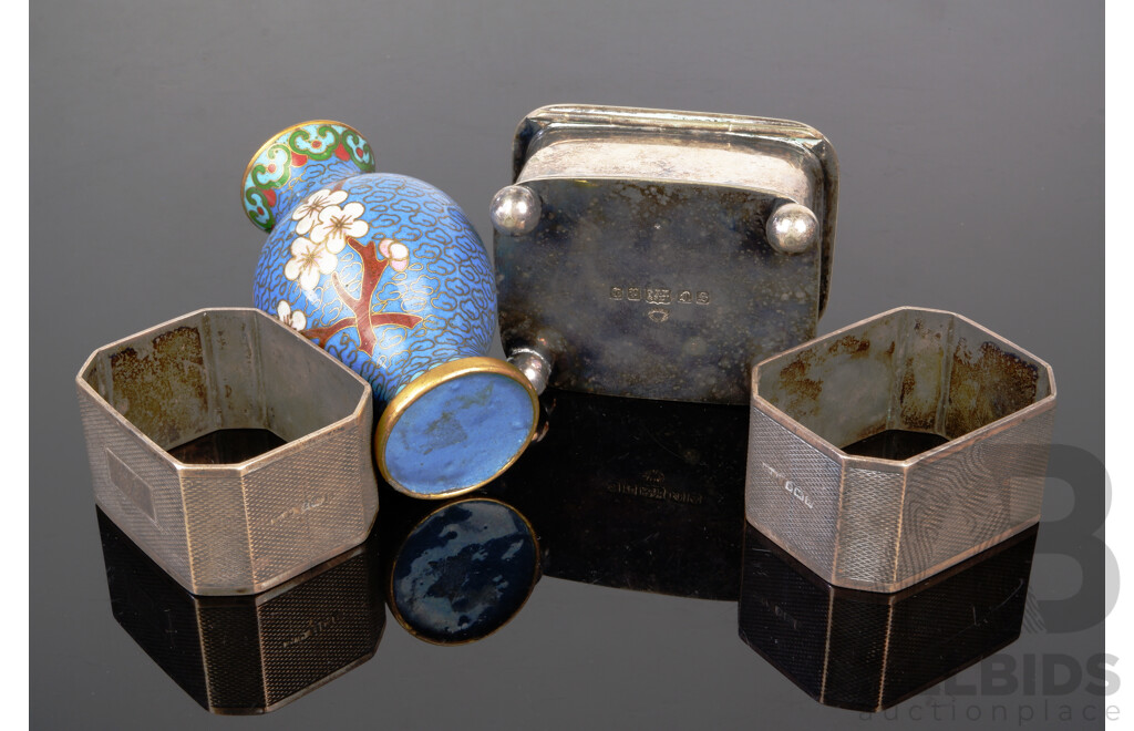 Collection Items Comprising Pair Sterling Silver Napkin Rings, Birmingham 1929, Silver Plate Box with Engraved Detail, Chinese Cloisonne Vase