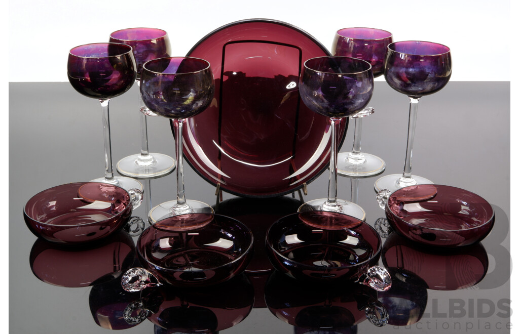 Mid Century Set Four Purple Glass Coupes with Matching Serving Dish Along with Set Six Purple Wine Glasses