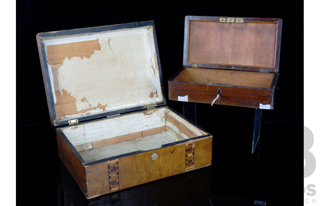 Antique Late Victorian Tunbridge Ware Box Along with Specimen Timber Box with Key