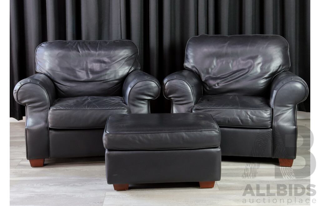 Pair of Modern Leather Arm Chairs with Ottoman by Moran