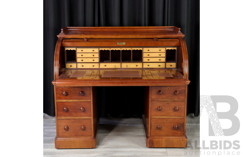 Early Mahogany Twin Pedestal Fitted Cylinder Desk