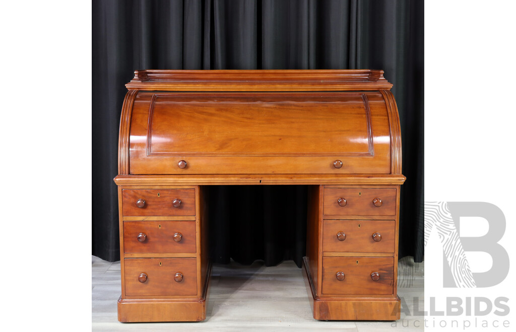 Early Mahogany Twin Pedestal Fitted Cylinder Desk