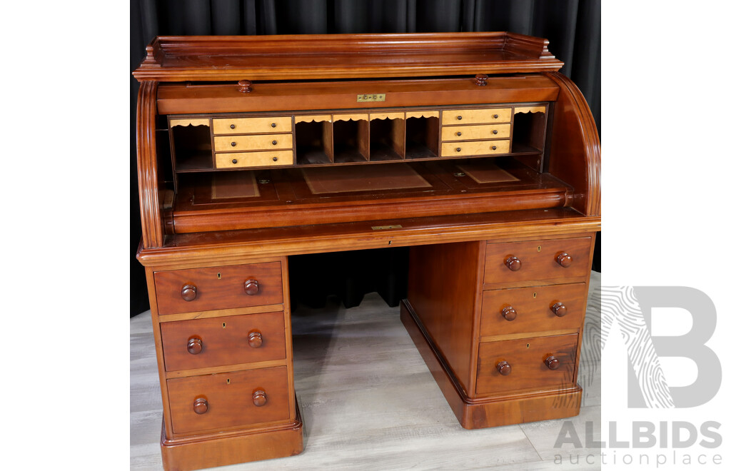 Early Mahogany Twin Pedestal Fitted Cylinder Desk