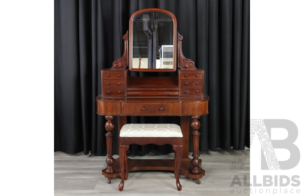 Victorian Mahogany Mirror Back Dresser with Stool