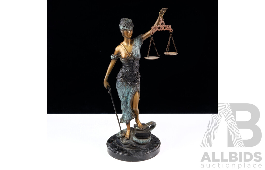 Bronze Vintage Style Lady Justice Statue on Marble Plinth