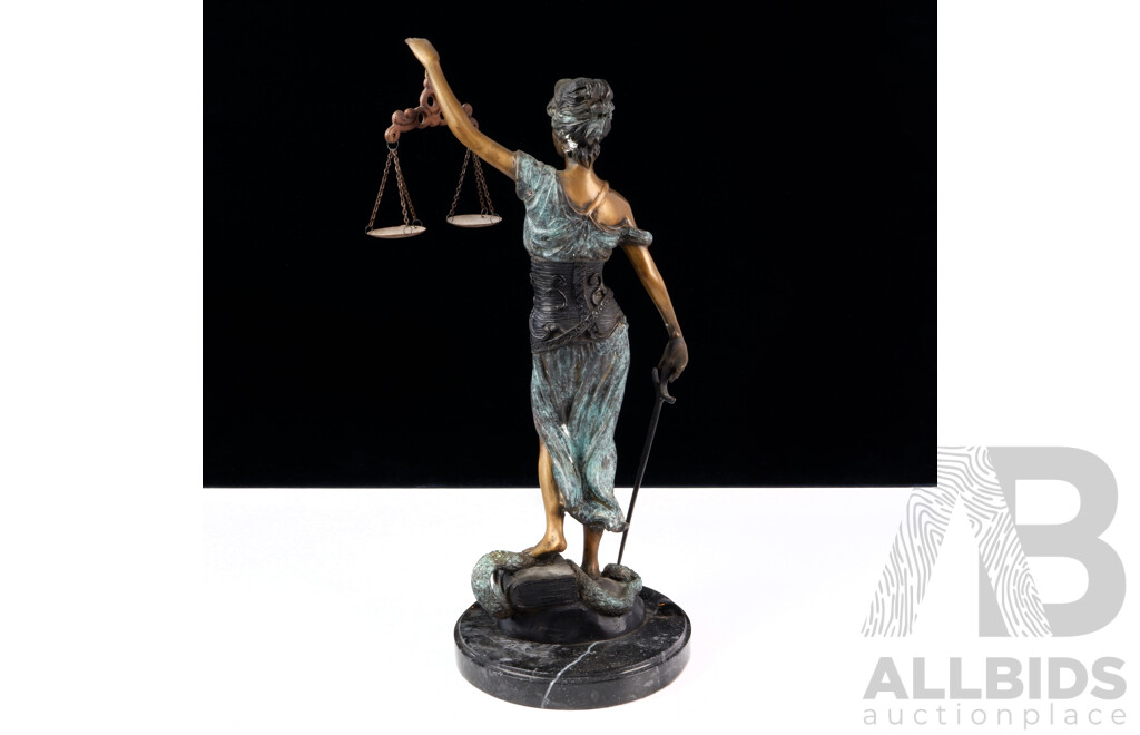 Bronze Vintage Style Lady Justice Statue on Marble Plinth