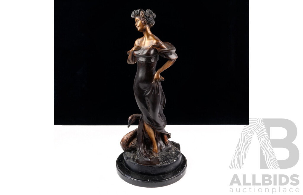 Bronze Vintage Style Lady with Swan Statue on Black Marble Plinth