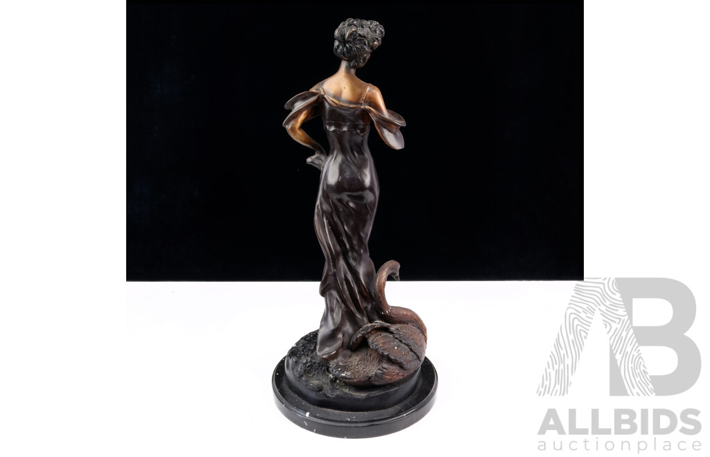 Bronze Vintage Style Lady with Swan Statue on Black Marble Plinth