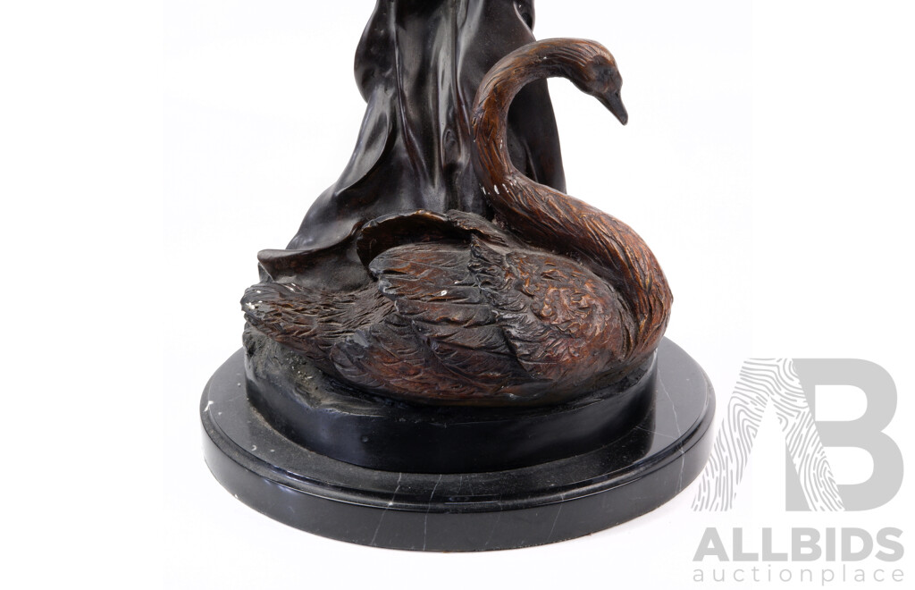 Bronze Vintage Style Lady with Swan Statue on Black Marble Plinth