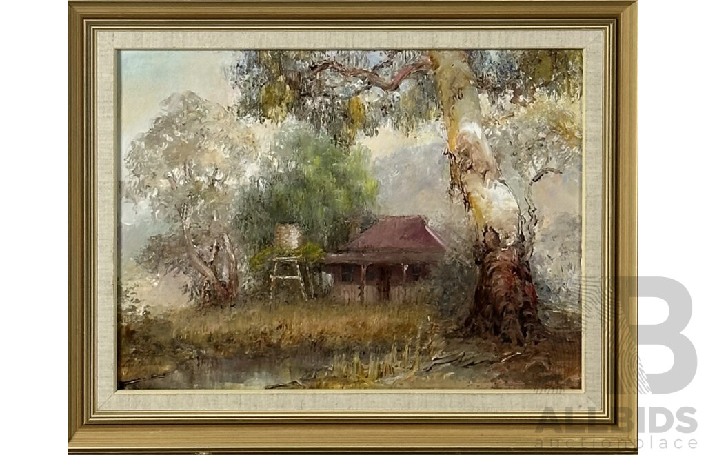 Ros Phillips, (20th Century, Australian), Nestled at the Creek, Acrylic on Board, 40 x 50 cm (frame)