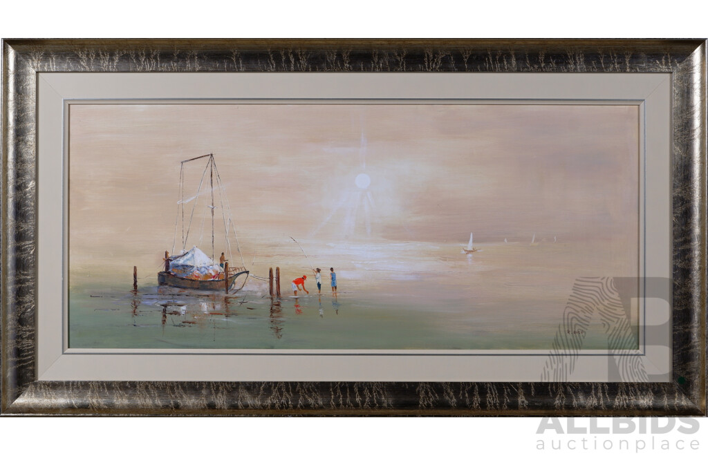 R Nash, (Contemporary), Children Fishing at Sunset, Acrylic on Board, 70 x 134 cm (frame)