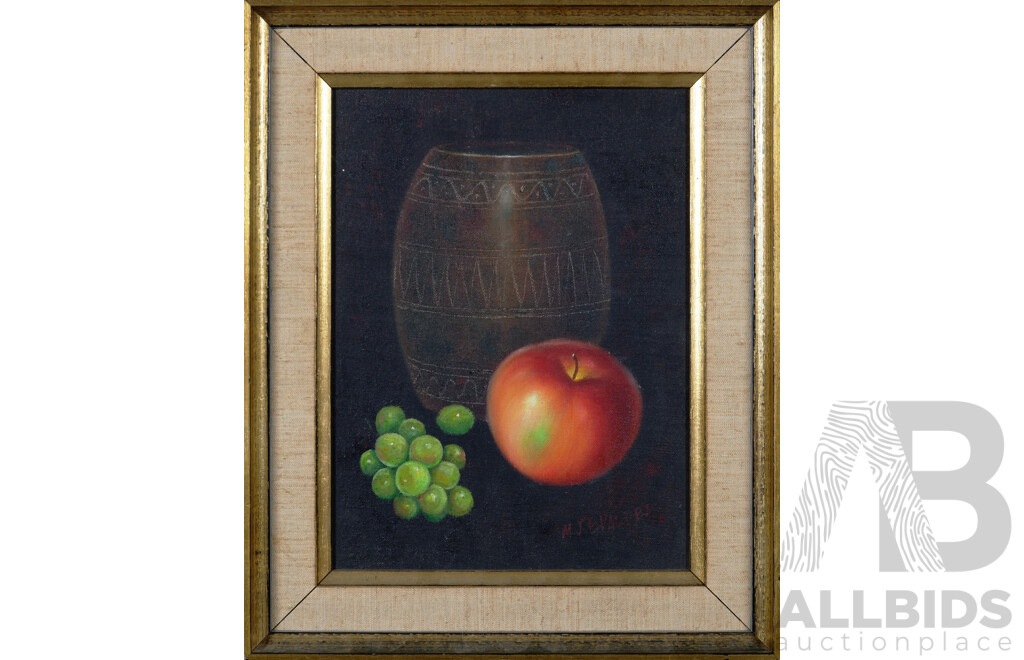 M.J.E. Vadder, (Date Unknown), Still Life - Apple, Grapes and Vase, Vintage Oil on Masonite, 39.5 x 32 cm (frame)