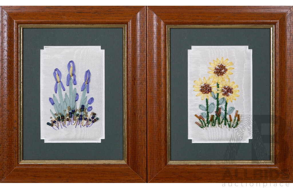 Sonia Burke, (Date Unknown), Sunflowers and Irises, Pair of Lovely Vintage Ribbon and Beaded Embroidery, 19 x 16 cm (frames) (2)