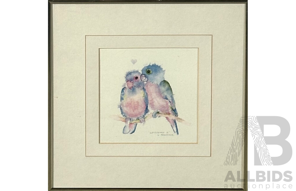 Valerie Pfeiffer, (20th Century, Australian), Lovebird 2, Quality Reproduction Print of the Original Watercolour, 28 x 28 cm (frame)