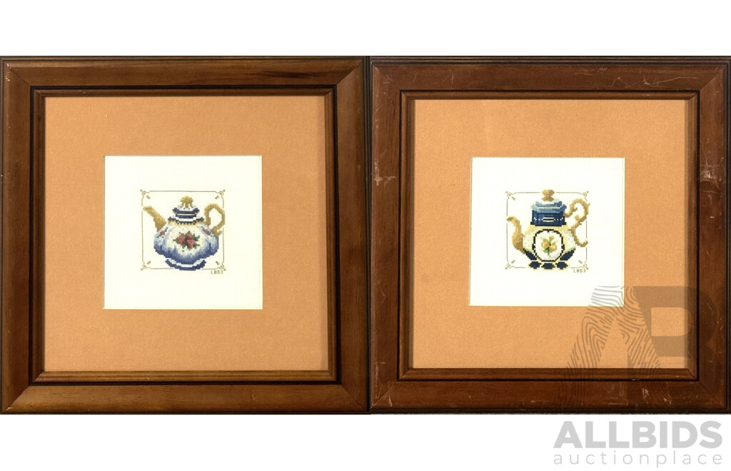 Pair of Vintage Embroidered Decorative Miniature Teapots, Framed, 34 x 34 cm (frames) (2)