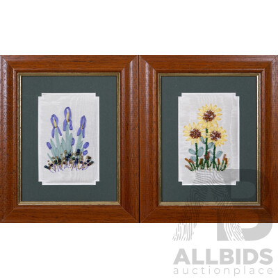 Sonia Burke, (Date Unknown), Sunflowers and Irises, Pair of Lovely Vintage Ribbon and Beaded Embroidery, 19 x 16 cm (frames) (2)