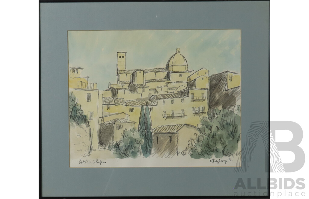 Artist Unknown, Assisi, Cathedral of San Rufino, Watercolour and Pencil, 47.5 x 55.5 cm (frame)