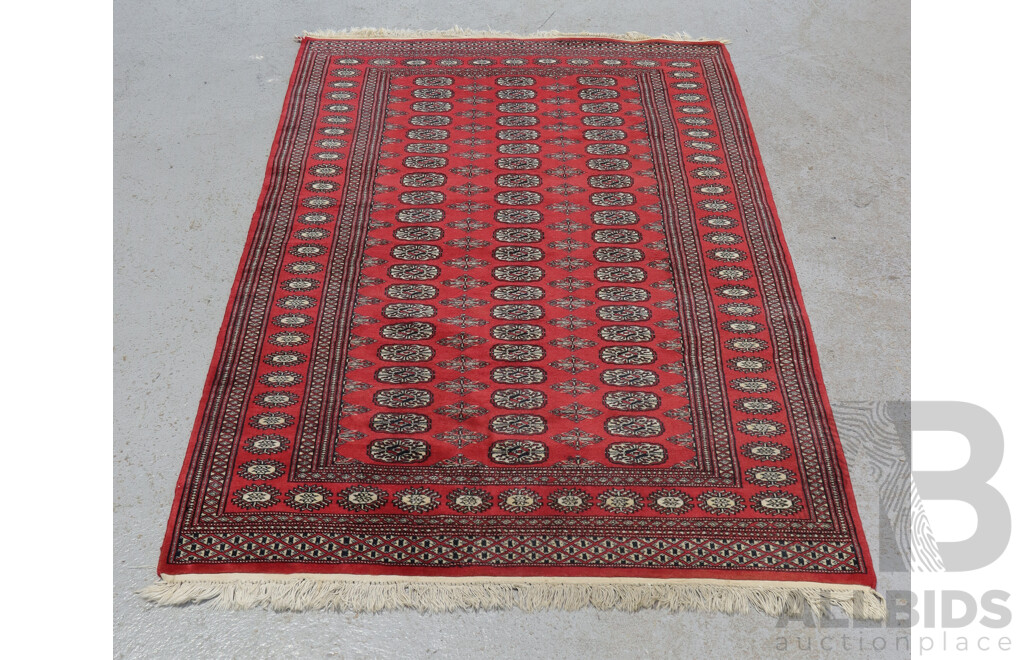 Hand Knotted Indo Persian Bokhara Wool Rug with Traditional Gul Design