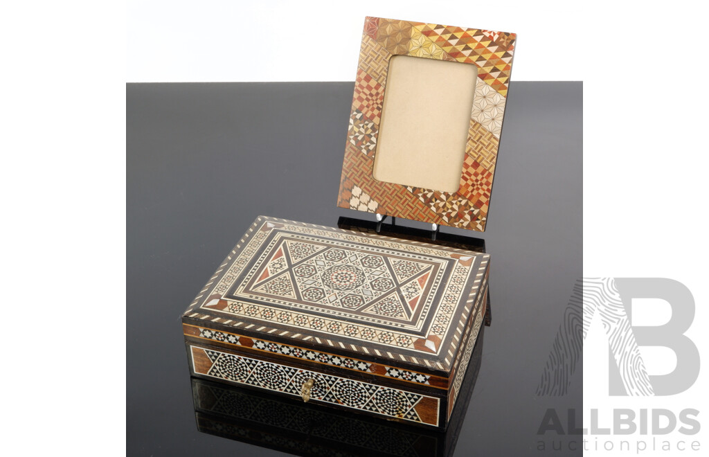 Middle Eastern Sadeli Work Inlayed Box Along with Japanese Marquetry Frame