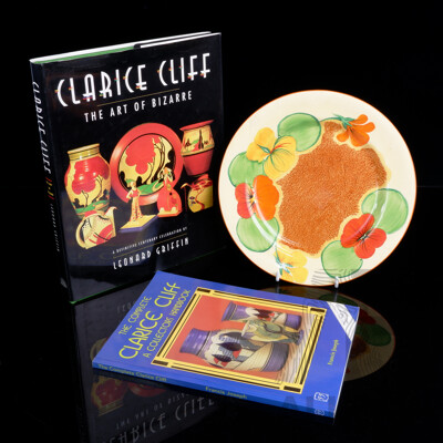 Vintage Clarice Cliff for Newport Pottery Hand Painted Nasturtium Plate Along with Two Books Regarding Clarice Cliff