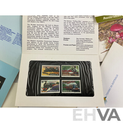 Assortment of Australian Late 1970's Early 1980's Stamp Packs Including Selected Issues, Christmas, Stamp Week, Steam Locomotives, Australian Aircraft and More