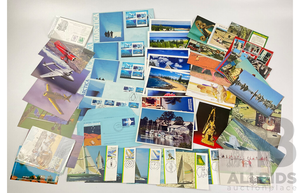 Australian Exhibition Stamp Packs, America's Cup Souvenir Stamped Postcards, Antarctica/USSR Joint Issue FDCs, Assorted Postcards