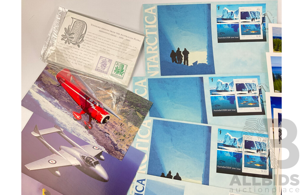 Australian Exhibition Stamp Packs, America's Cup Souvenir Stamped Postcards, Antarctica/USSR Joint Issue FDCs, Assorted Postcards