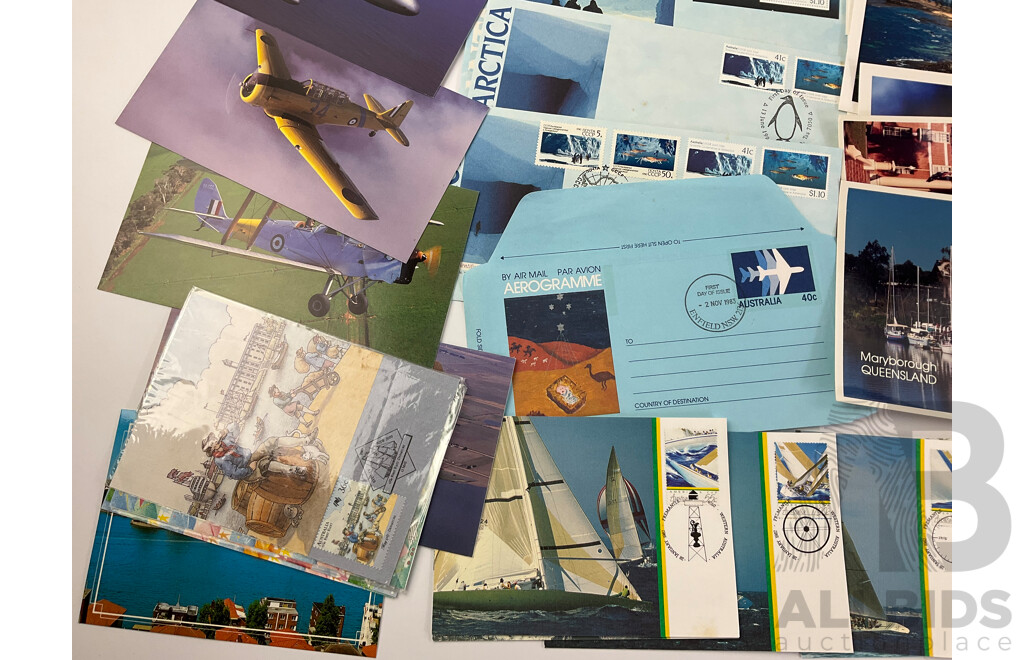 Australian Exhibition Stamp Packs, America's Cup Souvenir Stamped Postcards, Antarctica/USSR Joint Issue FDCs, Assorted Postcards