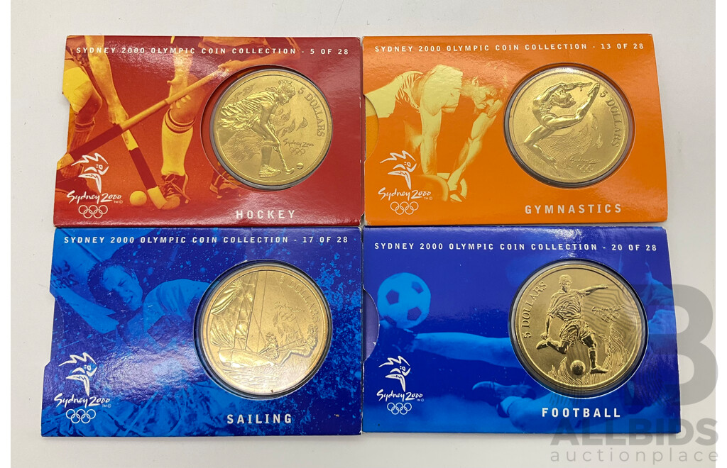 Australian 2000 Olympics Commemorative Five Dollar Coins Including Gymnastics, Football, Sailing and Hockey