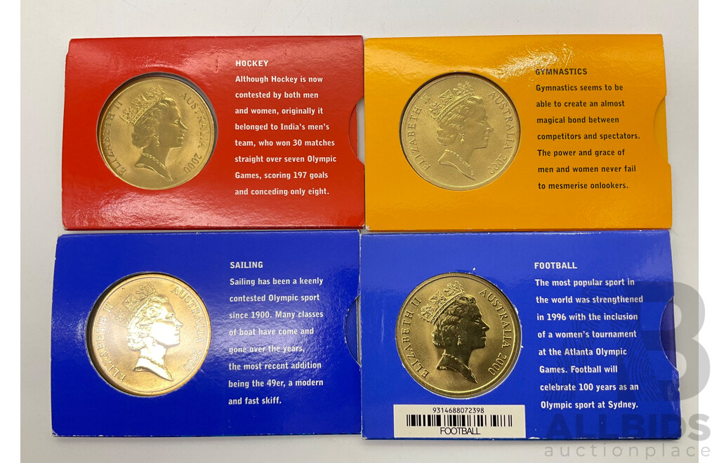 Australian 2000 Olympics Commemorative Five Dollar Coins Including Gymnastics, Football, Sailing and Hockey