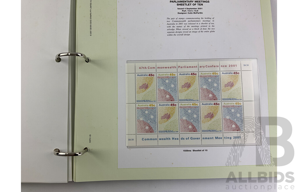 Australian Seven Seas Hingeless Sheetlet Album, Mint Stamps Incomplete - Face Value $100