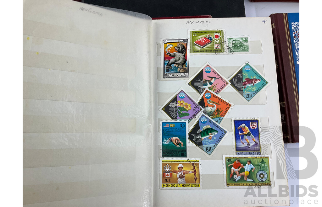 Small Album of International Stamps Including New Zealand Mongolia, Russia, Equatorial Guinea with Thee Mall and Three Large Empty Stamp Albums