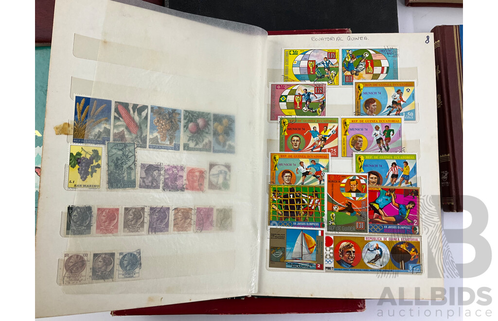 Small Album of International Stamps Including New Zealand Mongolia, Russia, Equatorial Guinea with Thee Mall and Three Large Empty Stamp Albums