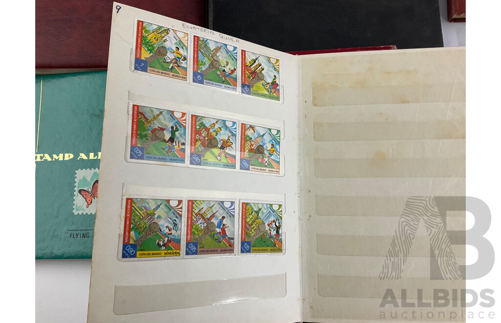 Small Album of International Stamps Including New Zealand Mongolia, Russia, Equatorial Guinea with Thee Mall and Three Large Empty Stamp Albums