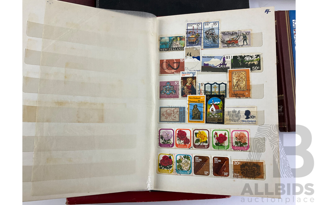 Small Album of International Stamps Including New Zealand Mongolia, Russia, Equatorial Guinea with Thee Mall and Three Large Empty Stamp Albums