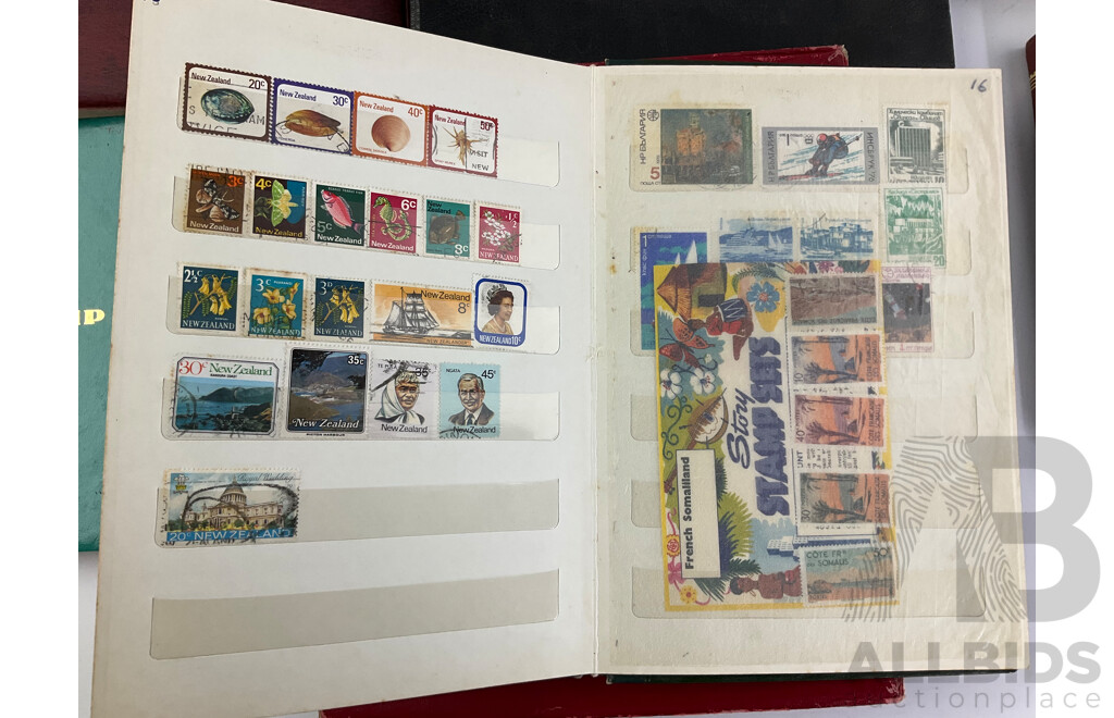 Small Album of International Stamps Including New Zealand Mongolia, Russia, Equatorial Guinea with Thee Mall and Three Large Empty Stamp Albums