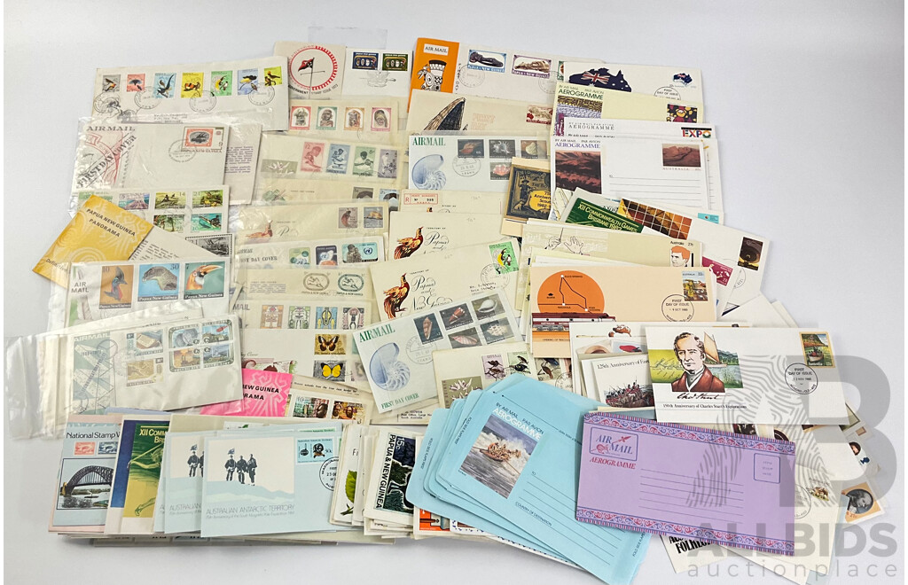 Collection of Australian and PNG First Day Covers with Stamps Including Folk Lore, Royal Wedding, Halley's Comet, Eureka Stockade, Aerogrammes, PNG Self Government and More