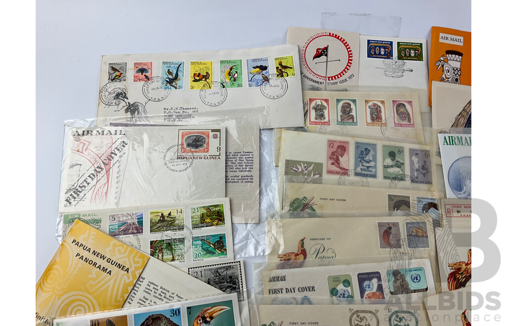 Collection of Australian and PNG First Day Covers with Stamps Including Folk Lore, Royal Wedding, Halley's Comet, Eureka Stockade, Aerogrammes, PNG Self Government and More