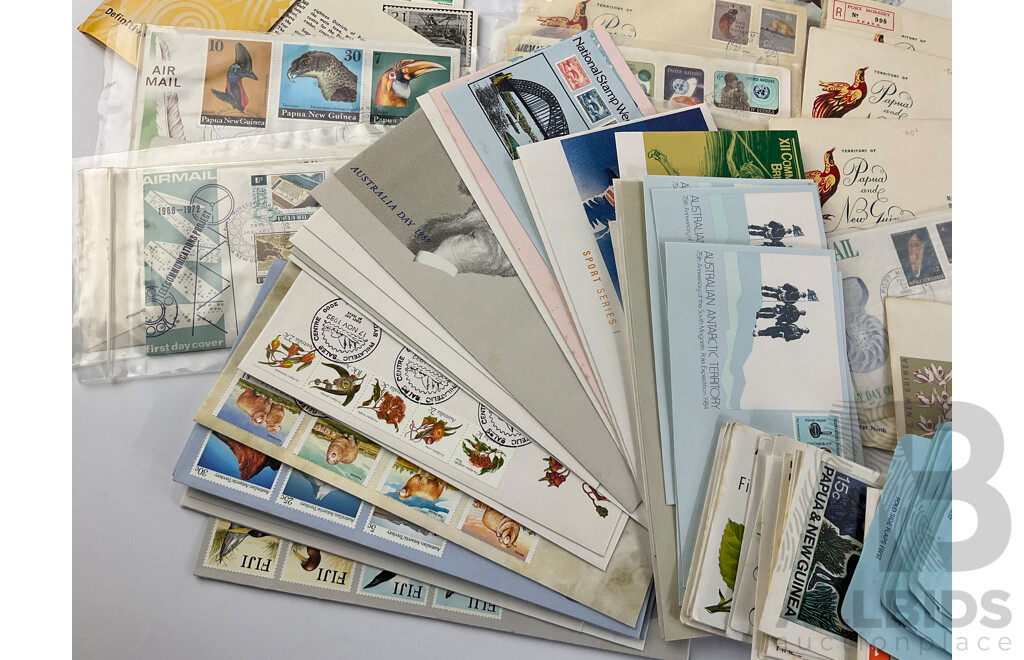 Collection of Australian and PNG First Day Covers with Stamps Including Folk Lore, Royal Wedding, Halley's Comet, Eureka Stockade, Aerogrammes, PNG Self Government and More