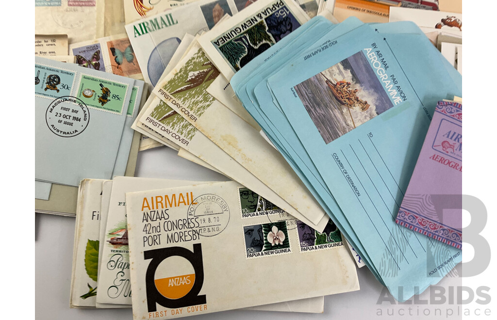 Collection of Australian and PNG First Day Covers with Stamps Including Folk Lore, Royal Wedding, Halley's Comet, Eureka Stockade, Aerogrammes, PNG Self Government and More