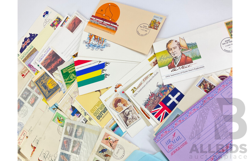 Collection of Australian and PNG First Day Covers with Stamps Including Folk Lore, Royal Wedding, Halley's Comet, Eureka Stockade, Aerogrammes, PNG Self Government and More