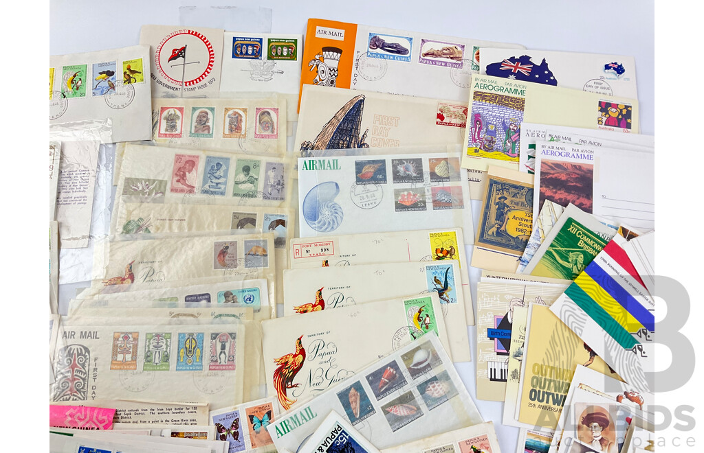 Collection of Australian and PNG First Day Covers with Stamps Including Folk Lore, Royal Wedding, Halley's Comet, Eureka Stockade, Aerogrammes, PNG Self Government and More