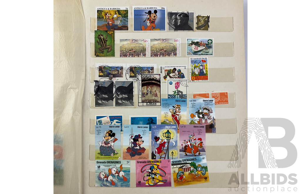 Album of Australian Cancelled Stamps, Examples From 1934 to 1999 with Disney Stamps From Grenada, Antigua and Barbuda, Sierra Leone