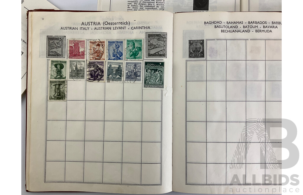 Four Albums of Vintage International Glued Cancelled Stamps Including Germany, United Kingdom, Australia, Dutch Colonies, Italy, Malaya, China and More