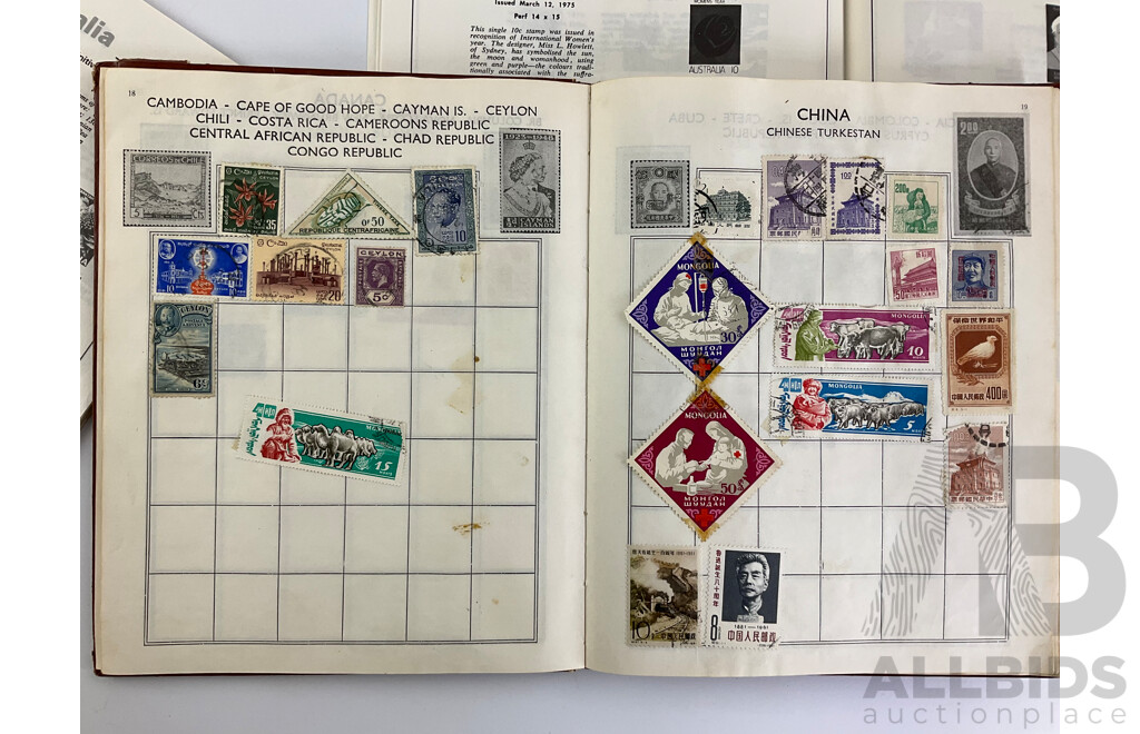 Four Albums of Vintage International Glued Cancelled Stamps Including Germany, United Kingdom, Australia, Dutch Colonies, Italy, Malaya, China and More