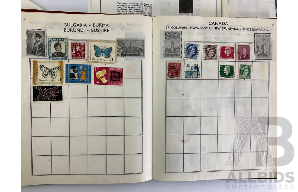 Four Albums of Vintage International Glued Cancelled Stamps Including Germany, United Kingdom, Australia, Dutch Colonies, Italy, Malaya, China and More